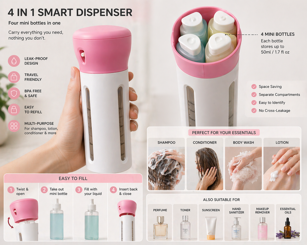 Stop Carrying 5 Bottles 😤 | 4-in-1 Travel Dispenser (Leak-Proof & Compact)”