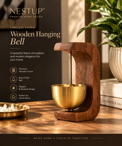 NESTUP™ Elegant Wooden Hanging Brass Diya – Premium Decorative Oil Lamp for Home & Festive Décor