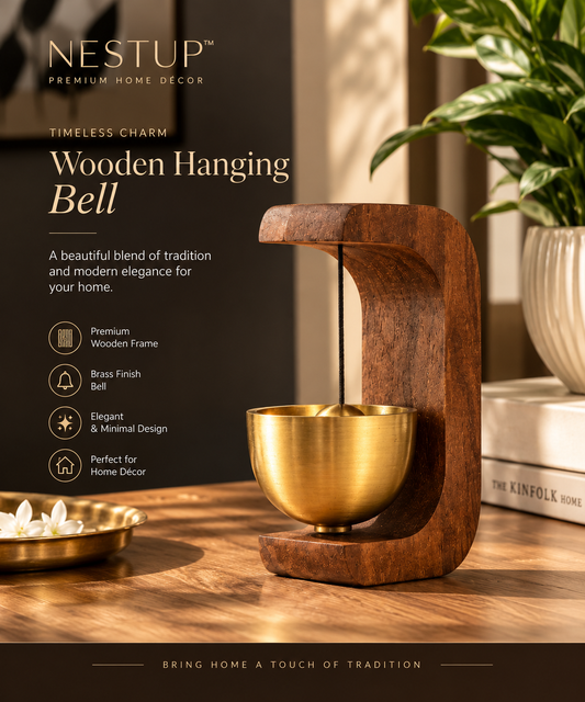 NESTUP™ Elegant Wooden Hanging Brass Diya – Premium Decorative Oil Lamp for Home & Festive Décor