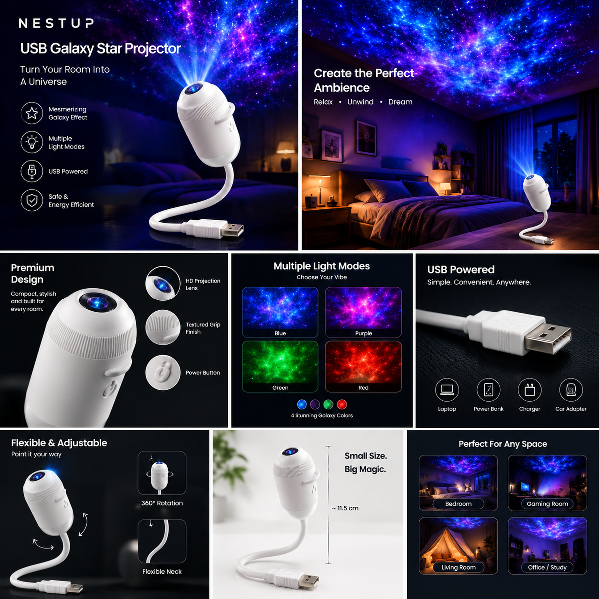 NESTUP Galaxy Star Projector – USB-Powered Ambient Night Light